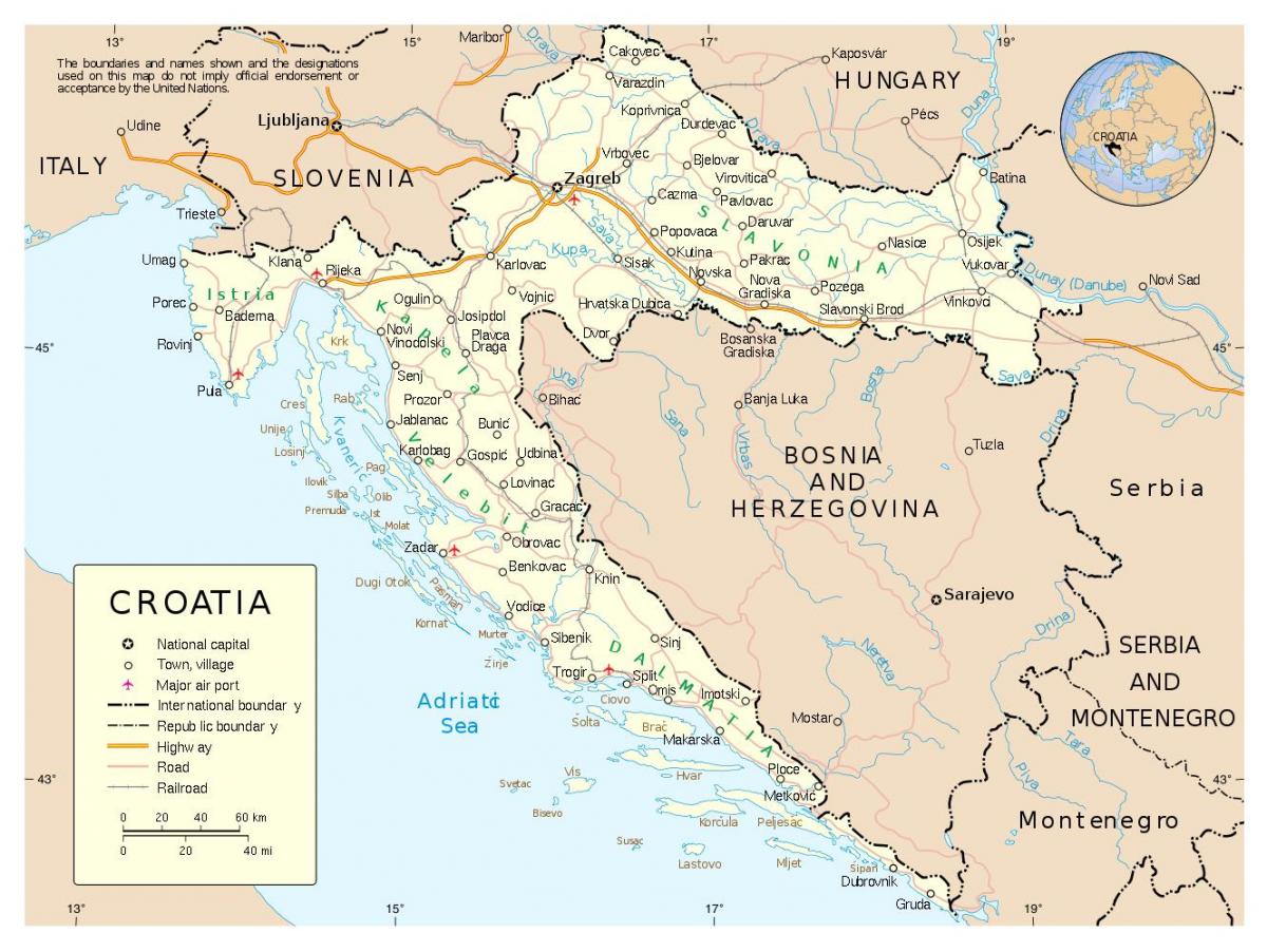מפה של קרואטיה עם ערים